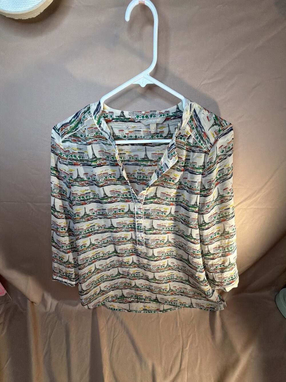 Banana Republic Paris Eiffel Tower Print Popover Tunic Blouse Size S